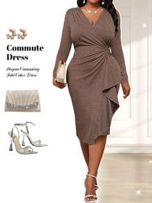 SHEIN Lady 大码优雅纯色裹身连衣裙，适合派对穿着 - 棕色 - 查看 5