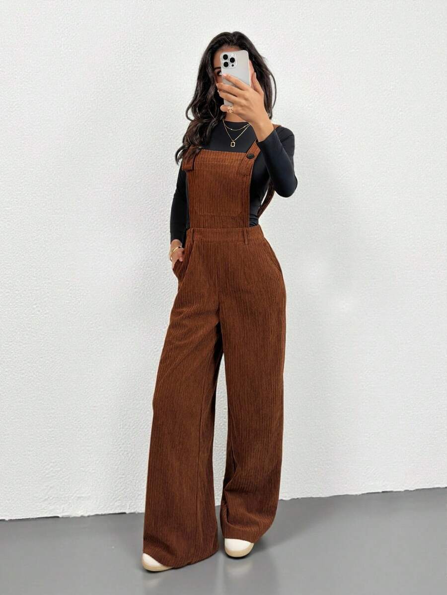 SHEIN Tall Bộ đồ liền thân đơn sắc thời trang tối giản dành cho nữ, mặc hàng ngày - màu nâu - Xem 1