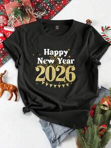 SHEIN EZwear 休闲简约风2026新年快乐标语仿箔印花宽松圆领短袖女式T恤，适合节日、新年、跨年派对等场合。 - 黑色 - 查看 5