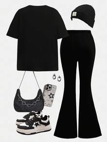 SHEIN Bộ 2 áo thun tay ngắn cổ tròn in họa tiết nơ Y2K phong cách thường ngày và quần ống loe, màu đen và hồng, trang phục mùa hè, thoải mái dễ chịu, nhiều lớp quần áo mùa thu cho trẻ em, trẻ em sành điệu, trang phục thường ngày, quần áo họa tiết trẻ em, trở lại trường, quần áo mùa thu, tiệc chào đón - Nhiều màu - Xem 2