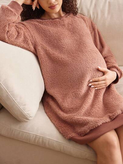 BloomMama Pregnant Women's Solid Color Fleece Dress Fluffy Loungewear, Autumn/Winter