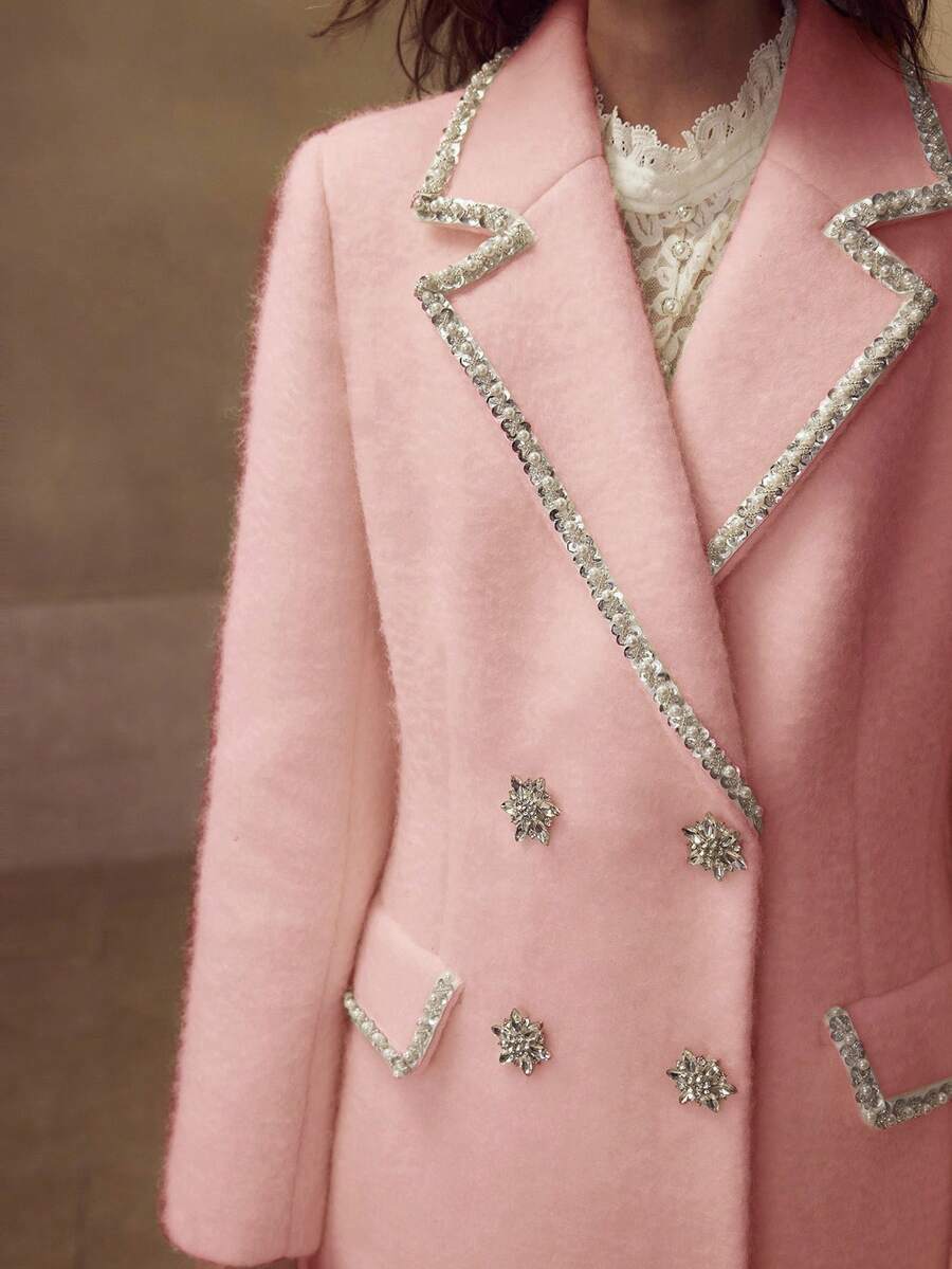 MOTF PREMIUM 女士羊毛镶钻双排扣大衣 - 粉色 - 查看 2