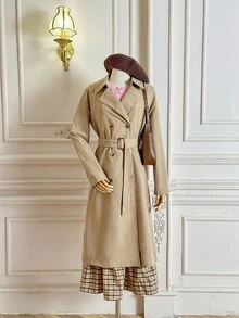 SHEIN MOD 卡其色复古长袖收腰女士风衣，冬季女装，冬季女外套，新年夜，女士夹克，女士套装，长款女士夹克，冬季女外套，优雅夹克，商务女装 - 卡其色 - 查看 2