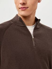 RONVEXI Men's Solid Color Stand Collar Half Zip Casual Long Sleeve Pullover Sweater - Coffee Brown - View 2