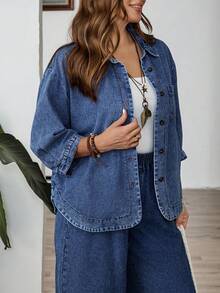 EMERY ROSE EMERY ROSE Blusa de mezclilla de solapa única para mujer de talla grande - Azul lavado oscuro - Ver 5