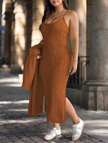 Calvaya 秋冬季女士粗针织长款开衫毛衣套装，尺码齐全，休闲时尚，无袖毛衣连衣裙搭配长袖外套，适合外出、度假、派对等场合。 - 駝色 - 查看 5