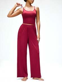 SHAPORA Women's Solid Color Cropped Camisole And Pants Casual Pajama Set - Red Violet - View 6