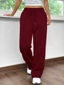 SHEIN EZwear 针织休闲宽松直筒运动裤，红色和酒红色 - 酒紅色 - 查看 6