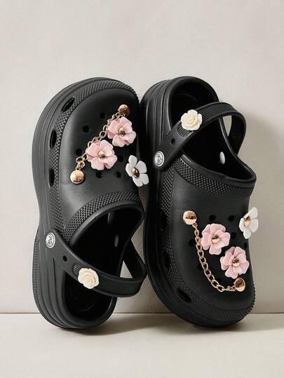 Cuccoo 女士木屐，饰有3D立体花朵链条，厚底透气凉鞋，夏季款
