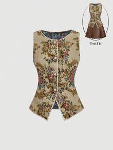 SHEIN MOD ملابس علوية نسائي بياقة مستديرة بدون أكمام وإغلاق أمامي بأزرار، خصر مناسب وأنيق، قماش جاكار، للخروجات اليومية والمناسبات، ملابس نسائية للخريف والشتاء، طراز عتيق وكلاسيكي - متعدد الألوان - مشاهدة 2