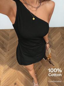 SHEIN PETITE 女款單肩迷你洋裝 100%純棉 舒適透氣，適合嬌小女性 - 黑色 - 查看 5