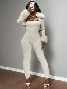 Slaydiva Christmas, New Year And Valentine's Day New Autumn And Winter Casual, Simple And Basic Style, Daily Date, Out On The Street, Popular Streetwear, Y2K Set, Fur Collar POLO Collar, Ultra-Short Cardigan + Slim Strapless Tight Jumpsuit, Apricot Ribbed Ribbed Brushed Set, Women's Two-Piece Set -A Cream Two Piece Set Sexy Body Suit Women Sexy Outfits Y2k 2 Piece Set - Apricot - View 15