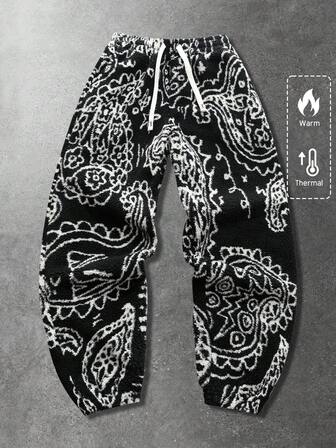 Pantalones de chándal con forro térmico para hombres, con textura de flor de anacardo y forro de sherpa grueso, estilo americano casual para otoño/invierno