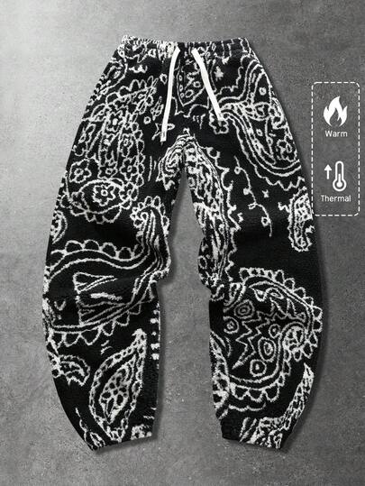 Pantaloni della tuta da uomo con fodera termica, stile americano casual con texture a fiore di anacardo e fodera in sherpa spessa, adatti per l'autunno/inverno