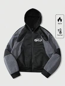 ROMWE MEN Casual 男士休闲撞色印花拉链连帽卫衣，秋冬季 - 黑色 - 查看 4