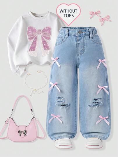 SHEIN Sweet & Cute Casual Fashion College Style Daily Wear Butterfly Decor Washed Distressed Straight Leg Jeans