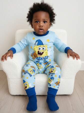 SpongeBob SquarePants | SHEIN 2pcs Baby Boy Cartoon Print Crew Neck Long Sleeve Top And Pants Knit Comfortable Casual Stretchy Pajama Set