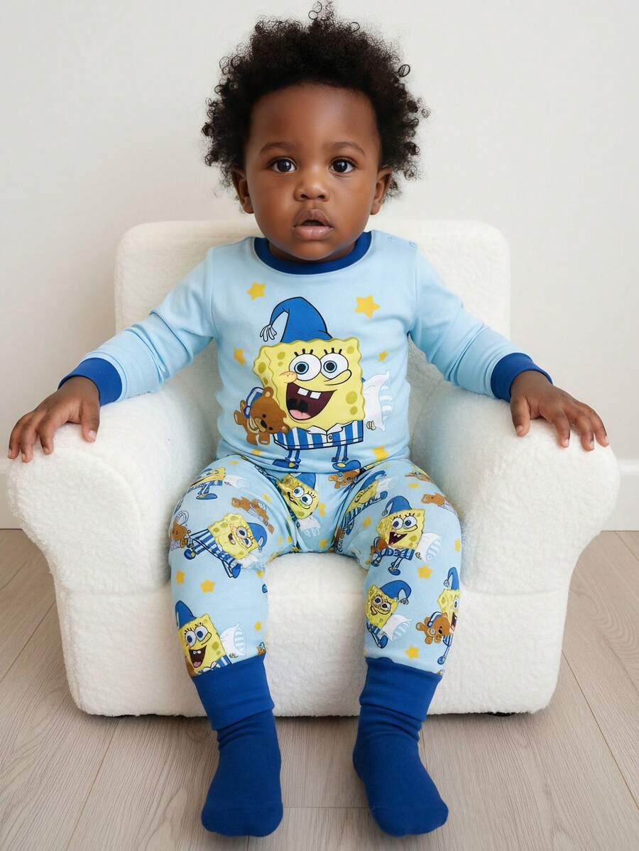 SpongeBob SquarePants | SHEIN 2pcs Baby Boy Cartoon Print Crew Neck Long Sleeve Top And Pants Knit Comfortable Casual Stretchy Pajama Set