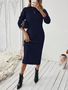 EMERY ROSE Women's Navy Blue Round Neck Casual Versatile Daily Knit Sweater Dress - Navy Blue - View 4