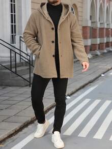 Manfinity Homme Manteau long à capuche casual à simple boutonnage de couleur unie pour hommes, manteau d'hiver pour hommes avec capuche en fourrure, automne/hiver - Kaki - Voir 3