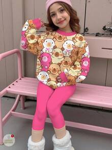 SHEIN Leap Crew 2pcs Tween Girls Cute Pink Autumn Back-To-School Outfit,Capybara Cartoon Animal Print Crew Neck Long Sleeve Sweatshirt And Leggings Set,School Clothes - Multicolor - View 2