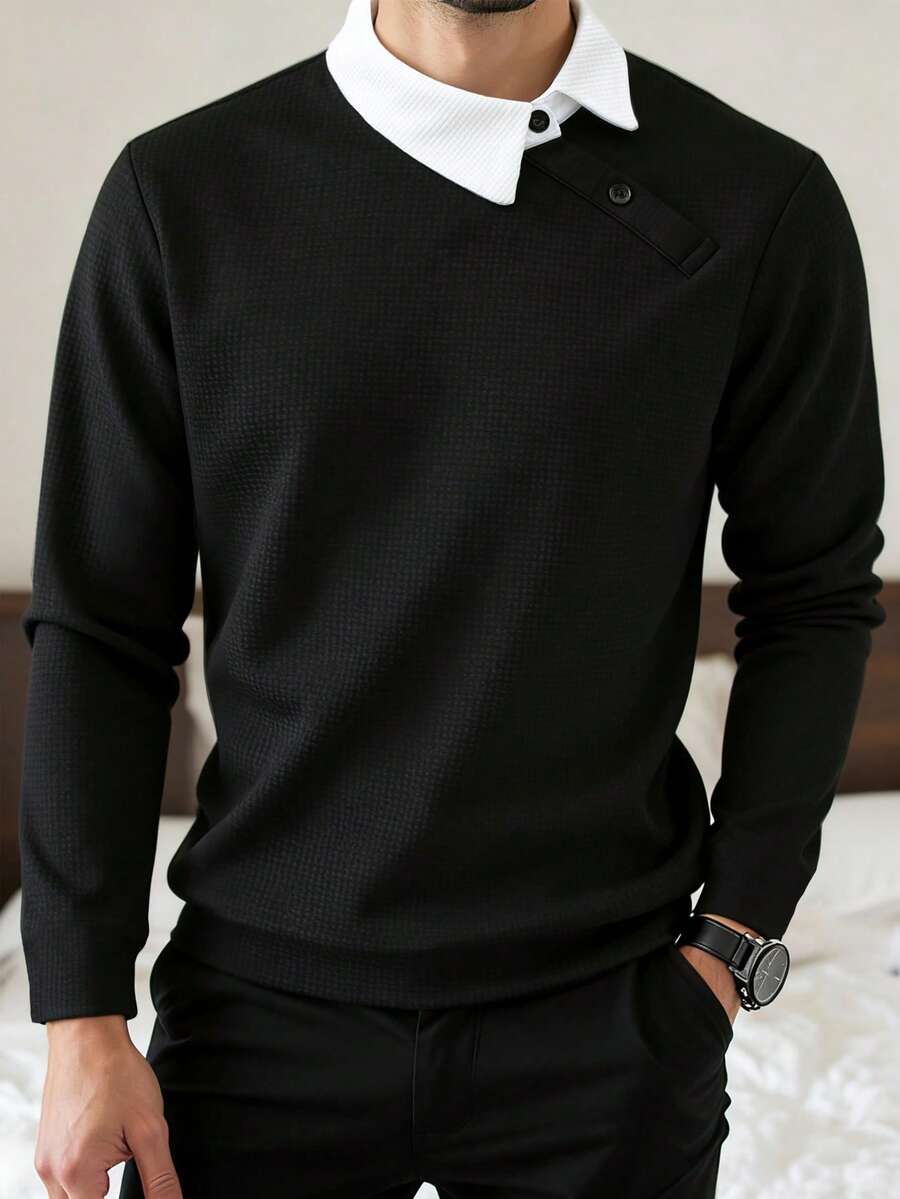 Manfinity Mode 男士撞色长袖休闲通勤 Polo 衫,男士休闲上衣和裤子套装,男士黑色两件套,男士针织套装,男士 T 恤衬衫和长靴交叉套装,适合复古风格、日常休闲、周末旅行、户外活动、探险旅行、轻松的工作环境或半正式场合,可作为男友/丈夫礼物、周年纪念礼物或圣诞节礼物。 - 黑與白 - 查看 1