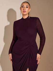 SHEIN BAE 大码女士优雅性感生日派对黑色网纱高领长袖垂褶高开衩修身长裙圣诞节服装场合礼服舞会礼服 - 紫紅色 - 查看 6