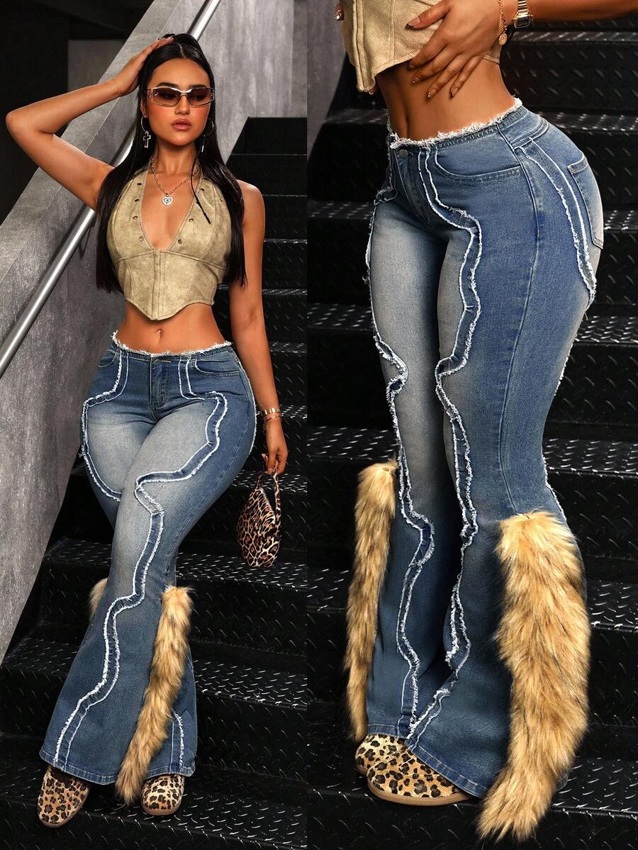 Jeanoix Quần Jeans Skinny Túi Viền Lông Giả Thời Trang Cỡ Lớn - Màu xanh lam - Xem 1