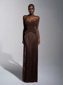 Elitara 优雅奢华性感针织亮片露肩猫领腰部流苏装饰修身连衣裙，适合鸡尾酒会、晚宴、展览、商务活动和正式场合。 - 棕色 - 查看 6