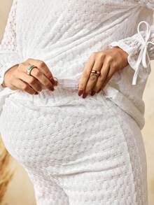 Boho Mama Maternity Two-Piece Set,Women's Boho Lace Textured Top And Pants Set,Adjustable Elastic Waistband,Holiday Birthday White Autumn Casual Matching Set - White - View 4
