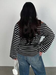 Firerie 大码斜肩长袖T恤，菠萝纹理长袖，不对称秋季女式上衣 - 黑色 - 查看 2