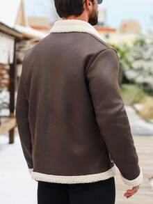 Manfinity CasualCool Men's Thermal Lined Sherpa Jacket,Dark Beige,Winter,80s,Hiking,Contrast Color Fur Collar Zip-Up Long Sleeve Brown Bomber Jacket For Autumn/Winter - Coffee Brown - View 2