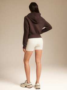 GLOWMODE Fleece Cozy Soft Ribbed Cuffs Hem Thumbholes Detachable Hood Cropped Zip-Up Sweatshirt Daily Casual Wear Fall Winter - Brown - View 9