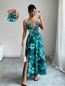 Elenzga Women Deep V-Neck Hollow Out And Slit Fashion Holiday Matching Dress Maxi Vacation Beach Outfit