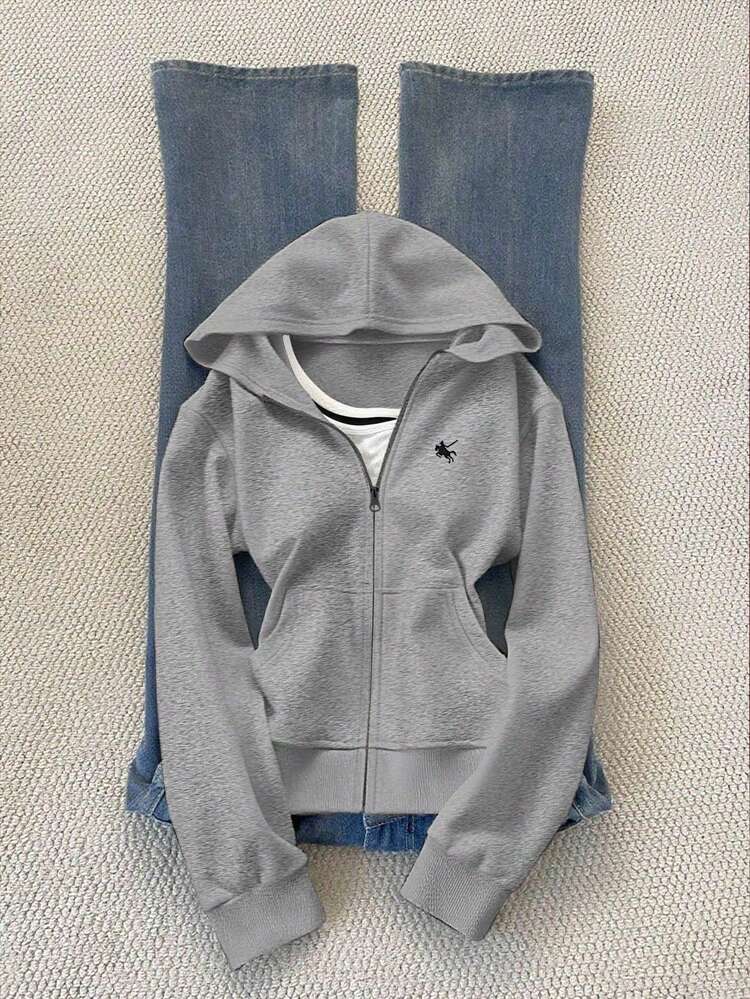 Glimmora Jaqueta de Moletom com Capuz Slim Fit Bordada com Cavalo para Mulheres - Cinza - Visão 1