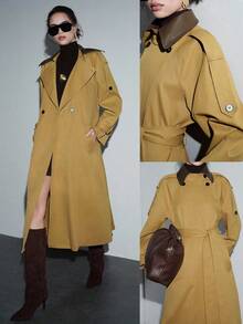 Lumivelle Manteau/veste longue/trench-coat élégant à double boutonnage avec patchwork col châle pour femmes - Multicolore - Voir 11