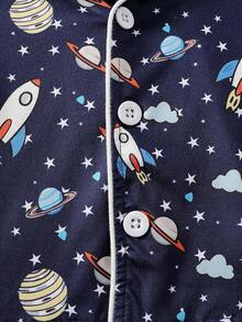 男婴宇宙星空火箭印花开衫上衣和裤子套装（2件套），舒适家居服 - 藏蓝色 - 查看 3