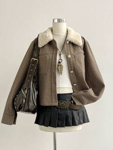 Sweetra Women's Halloween Costume New Style, Suitable For New Year Party, Commute, Daily, Travel, Vacation, Brown Jacket With Lapel, Shearling Patchwork, Houndstooth Short Jacket, Spring, Autumn, Winter