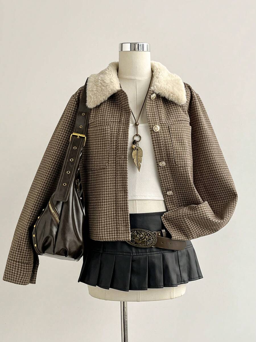 Sweetra Women's Halloween Costume New Style, Suitable For New Year Party, Commute, Daily, Travel, Vacation, Brown Jacket With Lapel, Shearling Patchwork, Houndstooth Short Jacket, Spring, Autumn, Winter