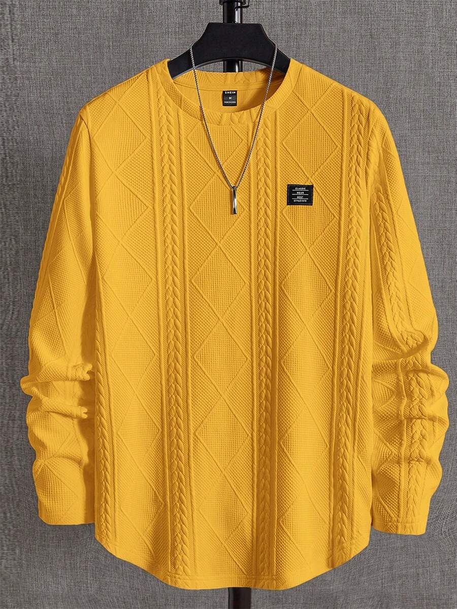 EASEVO 大码男士宽松针织麦穗菱形图案圆领长袖T恤 - 黃色 - 查看 1