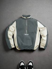 Manfinity Campus Court Aesthetic Post--Men Casual Stand Collar Long Sleeve Jacket, Outdoor Windbreaker, Winter Streetwear Half Zip Stand Collar Jacket With Adjustable Drawstring Hem, Suitable For Outdoor Activities, Sports, Leisure, School, Party, Music Festival, Windbreaker Racing Y2k Jacket, Fall