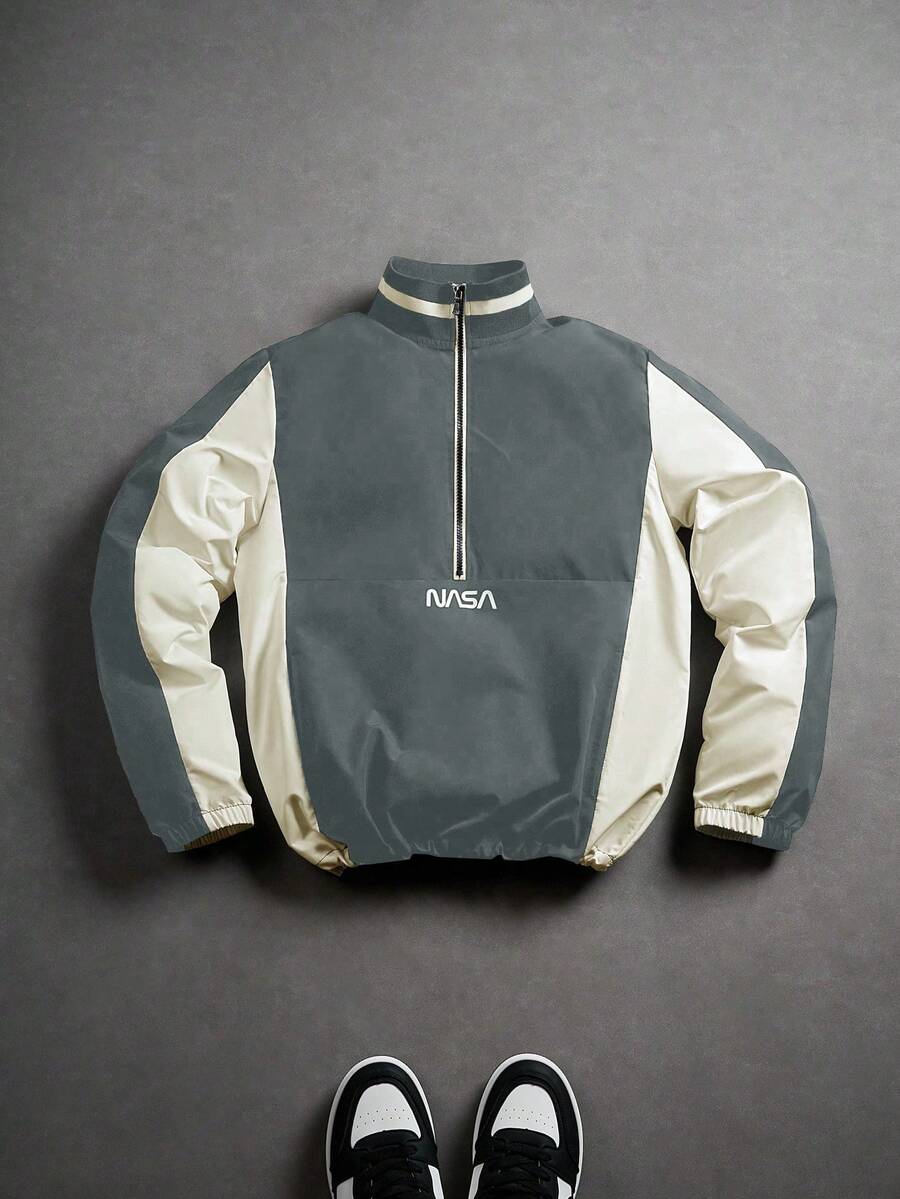 Manfinity Campus Court Aesthetic Post--Men Casual Stand Collar Long Sleeve Jacket, Outdoor Windbreaker, Winter Streetwear Half Zip Stand Collar Jacket With Adjustable Drawstring Hem, Suitable For Outdoor Activities, Sports, Leisure, School, Party, Music Festival, Windbreaker Racing Y2k Jacket, Fall