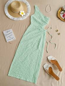 KARISMINA 女式度假休闲针织纹理镂空单肩抽绳高开衩连衣裙 - 淡綠 - 查看 7