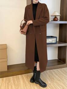 EMERY ROSE 女士长款灰色羊毛大衣，带纽扣，秋季保暖