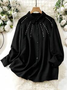 Lacomfia Blusa holgada de manga larga con aplicaciones de rhinestones, casual, cómoda y versátil, de unicolor y talla grande - Negro - Ver 1