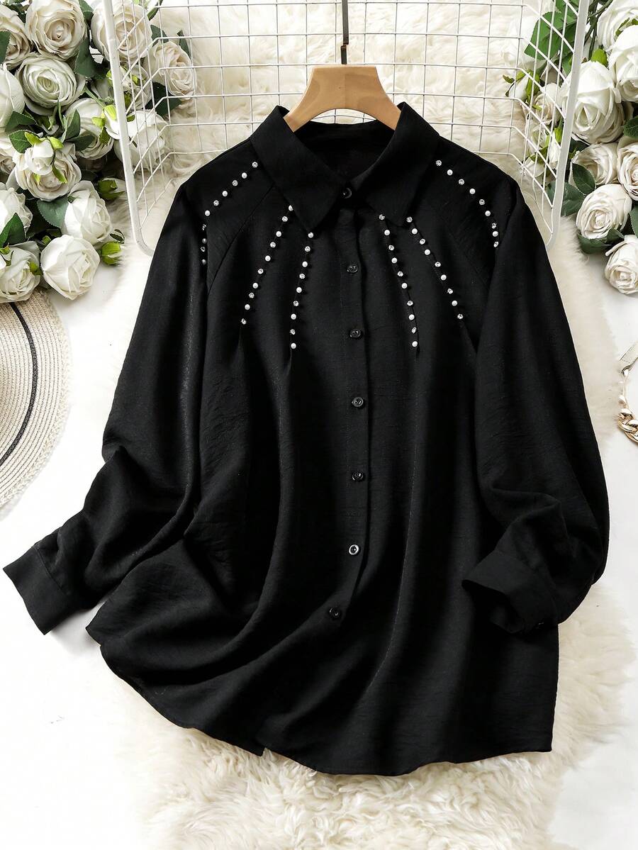 Lacomfia Blusa holgada de manga larga con aplicaciones de rhinestones, casual, cómoda y versátil, de unicolor y talla grande - Negro - Ver 1