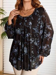 EMERY ROSE Plus Size Women Floral Print Round Neck Long Sleeve Black Blouse Top, Autumn/Winter,Going Out,2025 New,Simple And Fashionable For Everyday Wear, Winter,Comfortable And Breathable,Christmas,New Year,Thanksgiving, Tunic Blouse