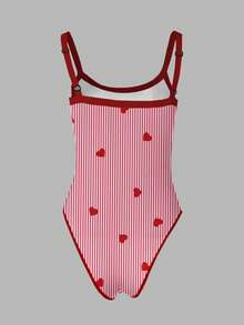 INAWLY Women's Sexy Heart Striped Print Sleeveless Bodysuit, Beach Vacation Style, Summer - Multicolor - View 2