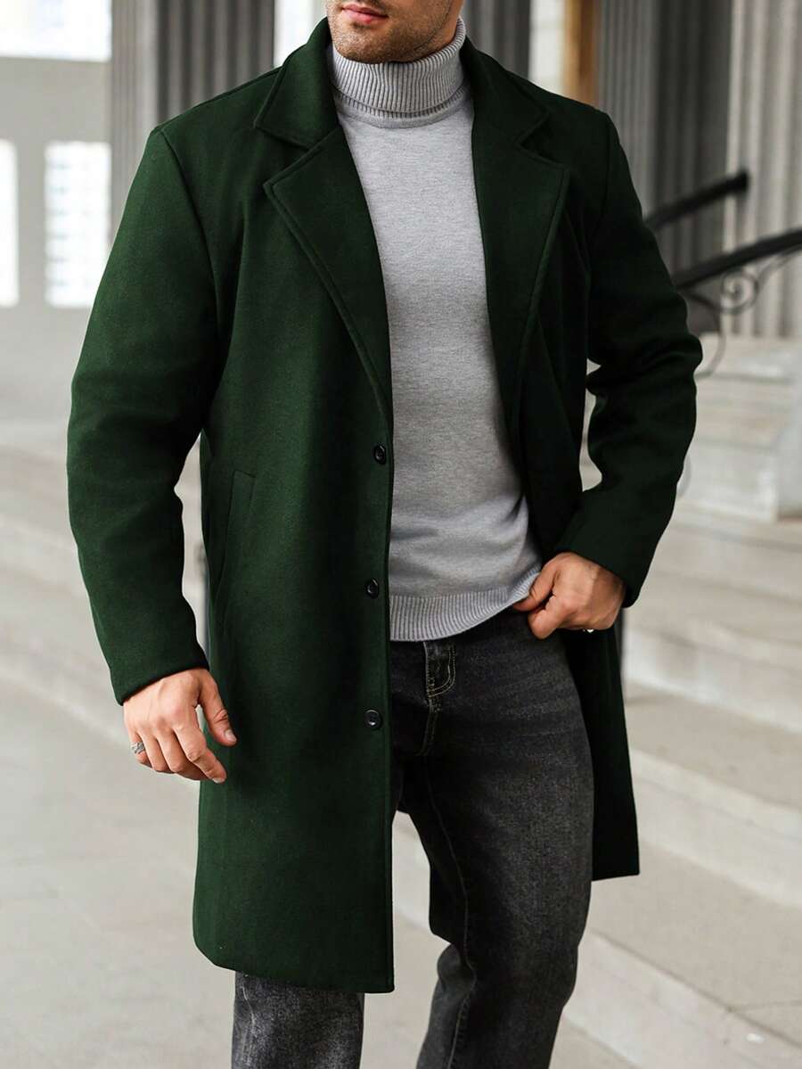Manfinity Mode Plus Size Men's Casual Solid Color Notched Collar Single-Breasted Wool Blend Coat, Autumn/Winter Men Long Coat Men Outerwear