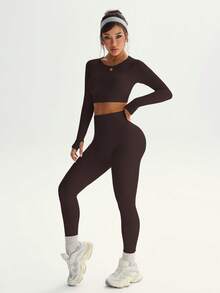 SHEIN Dewbera Conjunto de ropa deportiva elástica y sin costuras para mujer, de unicolor, con cuello redondo, mangas raglán y corte ajustado - Marrón Mocha - Ver 5